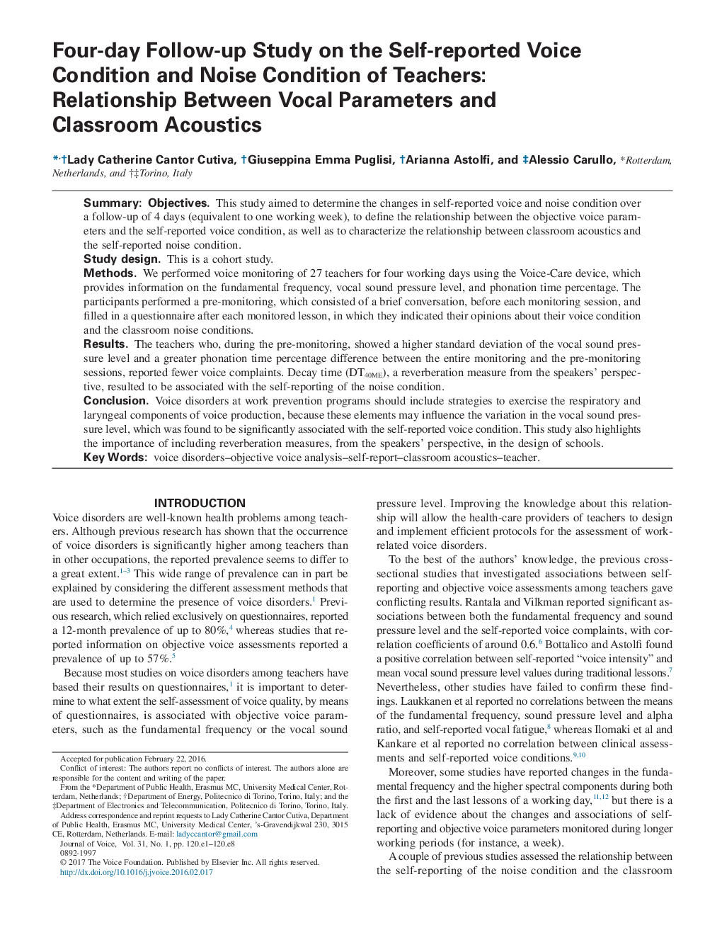 Four-day Follow-up Study on the Self-reported Voice Condition and Noise Condition of Teachers: Relationship Between Vocal Parameters and Classroom Acoustics