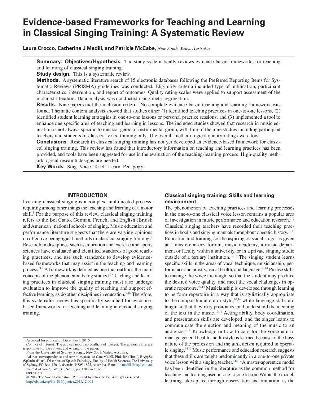 Evidence-based Frameworks for Teaching and Learning in Classical Singing Training: A Systematic Review