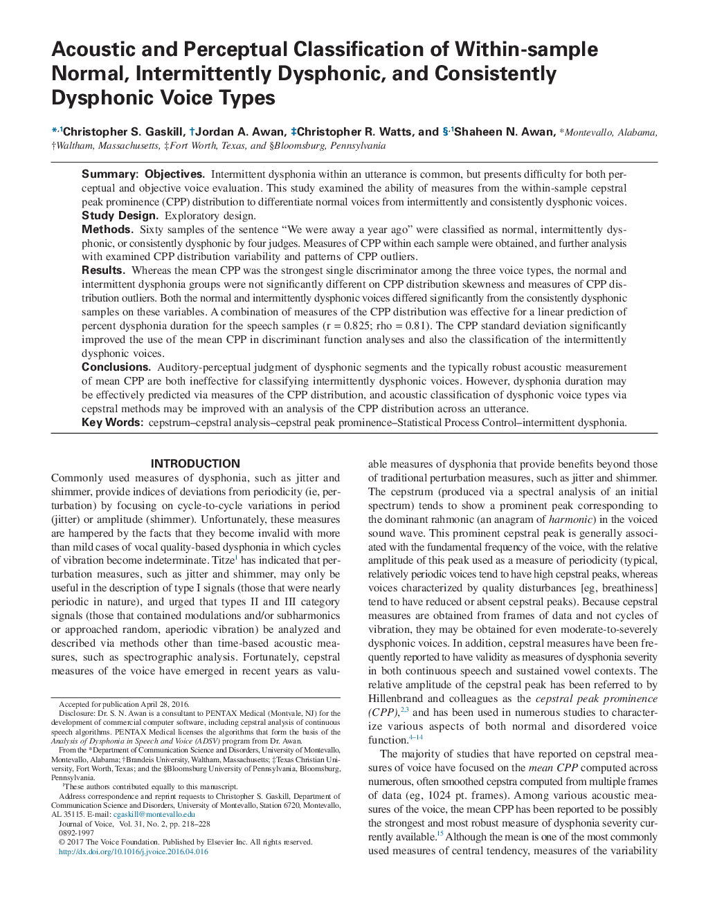 Acoustic and Perceptual Classification of Within-sample Normal, Intermittently Dysphonic, and Consistently Dysphonic Voice Types