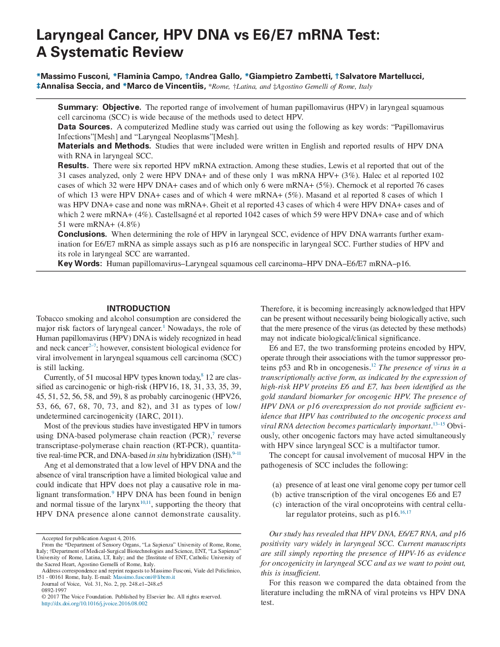 سرطان حنجره، DNA HPV در مقابل E6 / E7 mRNA تست: یک بررسی سیستماتیک