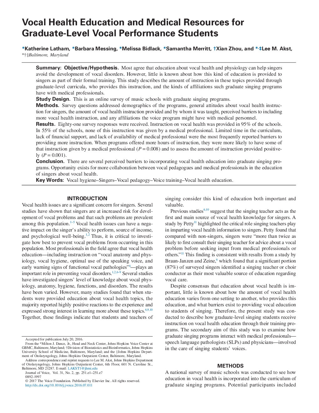 Vocal Health Education and Medical Resources for Graduate-Level Vocal Performance Students