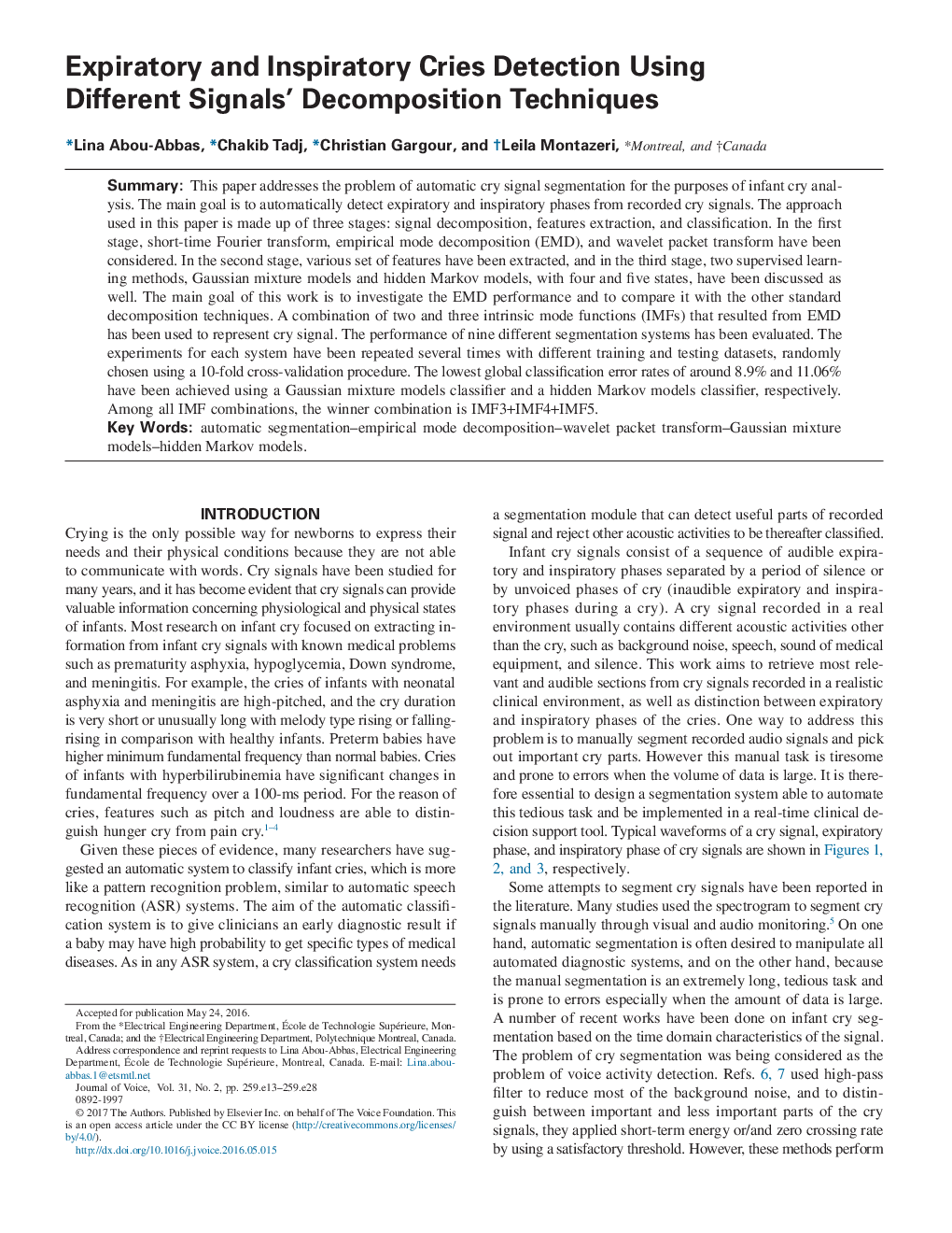 Expiratory and Inspiratory Cries Detection Using Different Signals' Decomposition Techniques