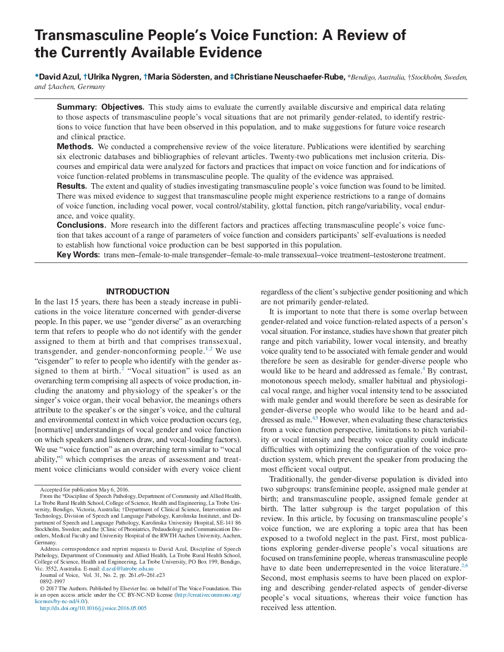 Transmasculine People's Voice Function: A Review of the Currently Available Evidence