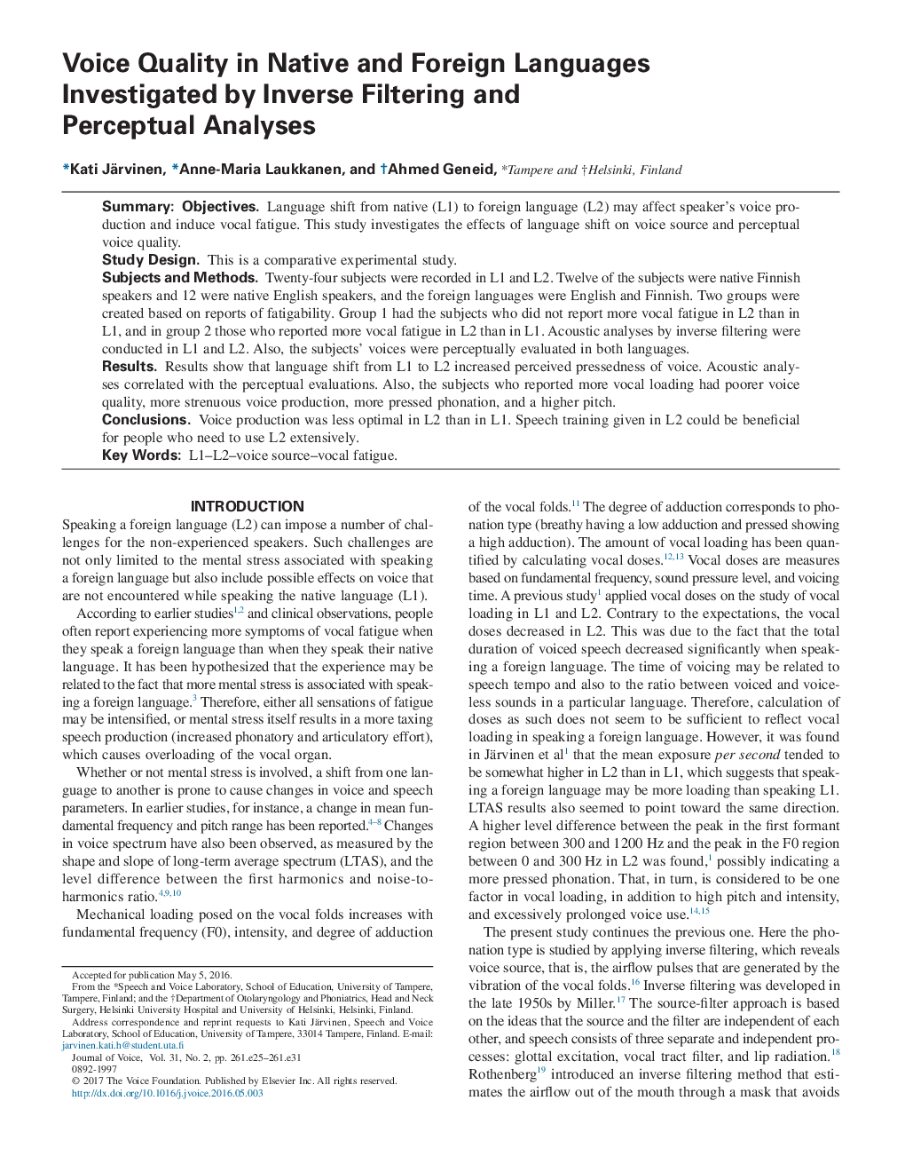 Voice Quality in Native and Foreign Languages Investigated by Inverse Filtering and Perceptual Analyses