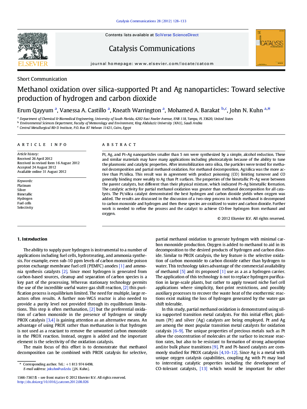 Methanol oxidation over silica-supported Pt and Ag nanoparticles: Toward selective production of hydrogen and carbon dioxide