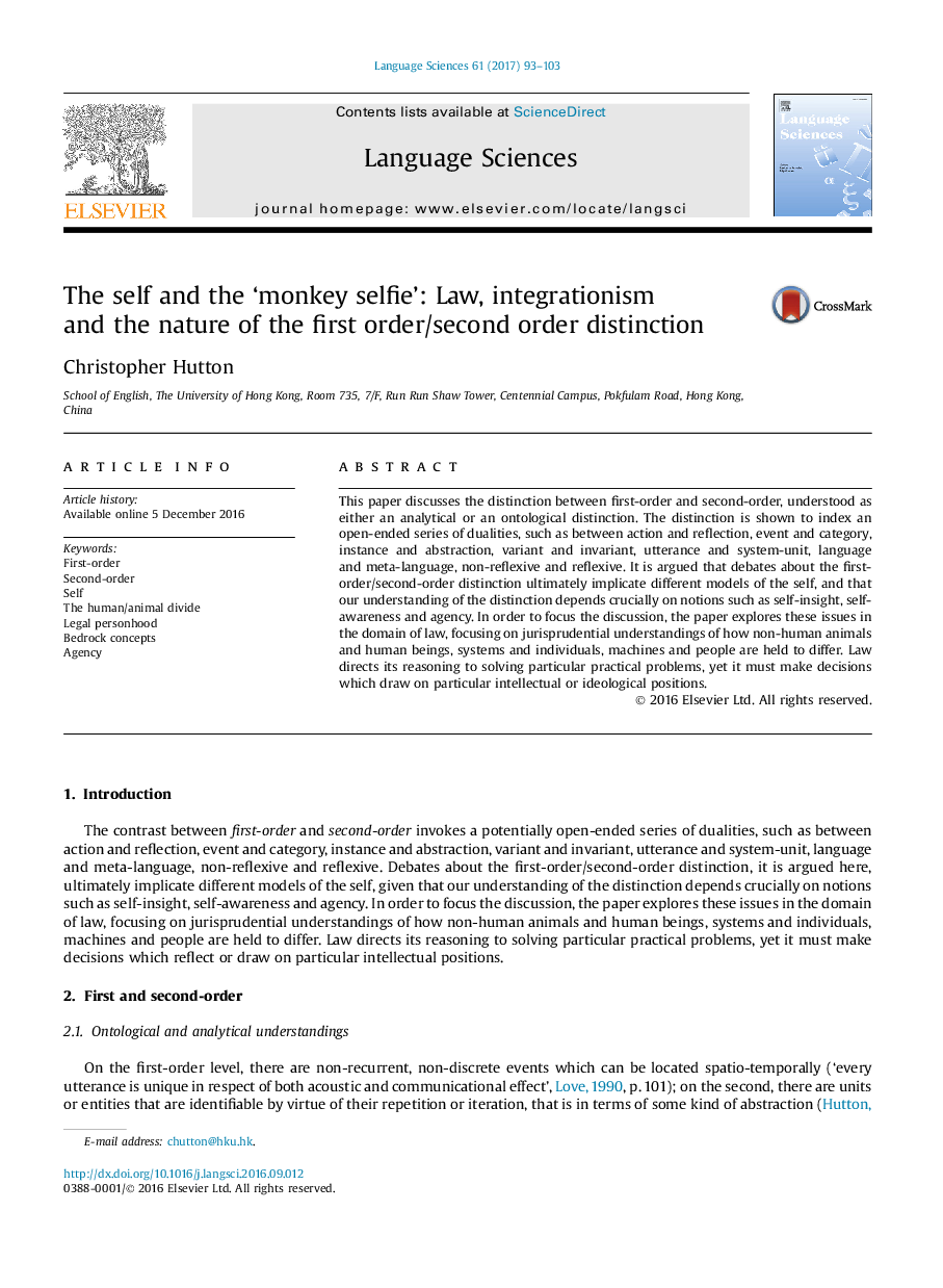 The self and the 'monkey selfie': Law, integrationism andÂ theÂ nature of the first order/second order distinction