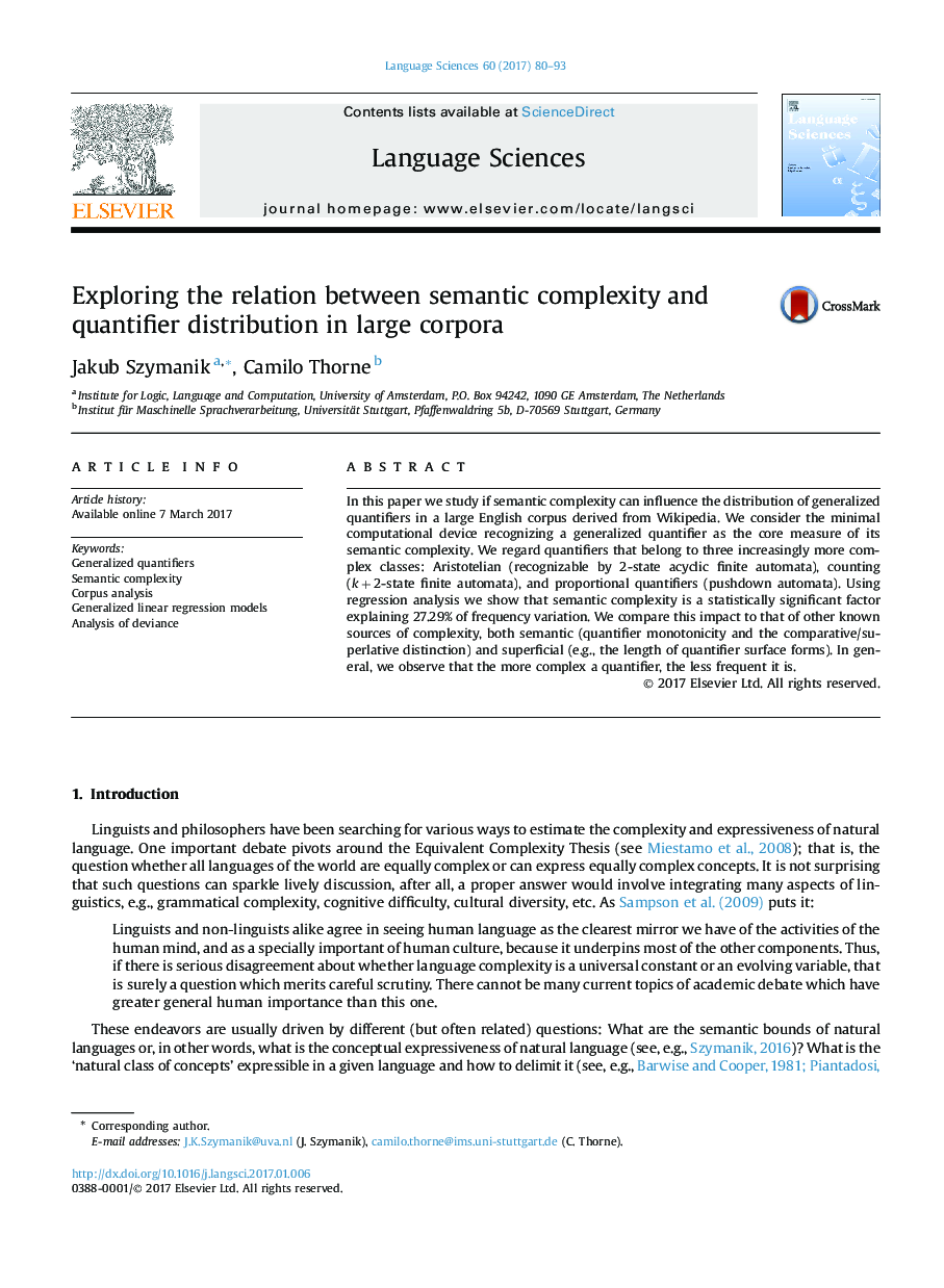 Exploring the relation between semantic complexity and quantifier distribution in large corpora