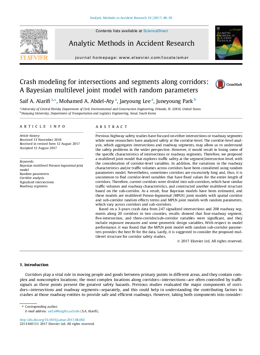 Crash modeling for intersections and segments along corridors: A Bayesian multilevel joint model with random parameters