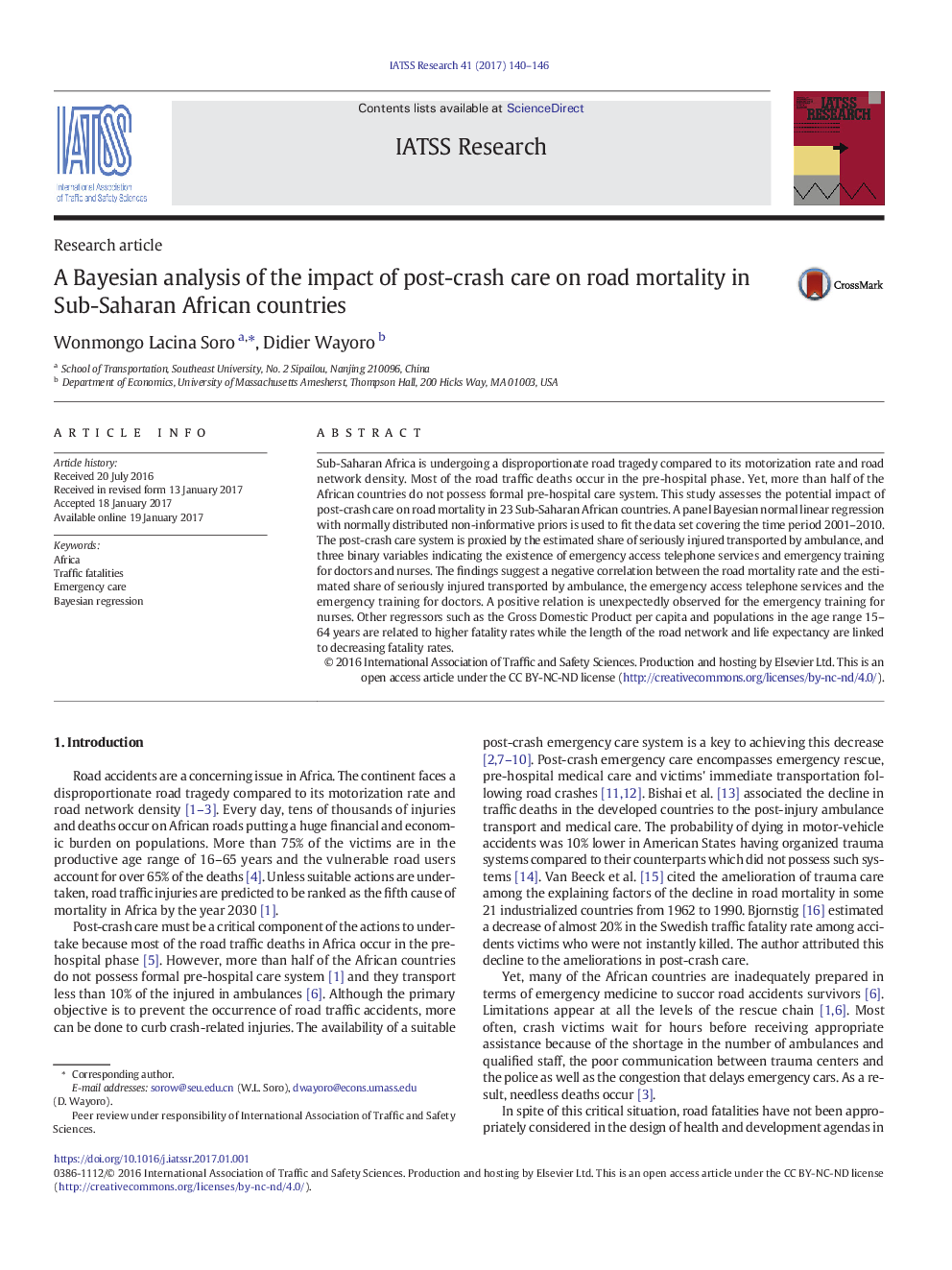 A Bayesian analysis of the impact of post-crash care on road mortality in Sub-Saharan African countries