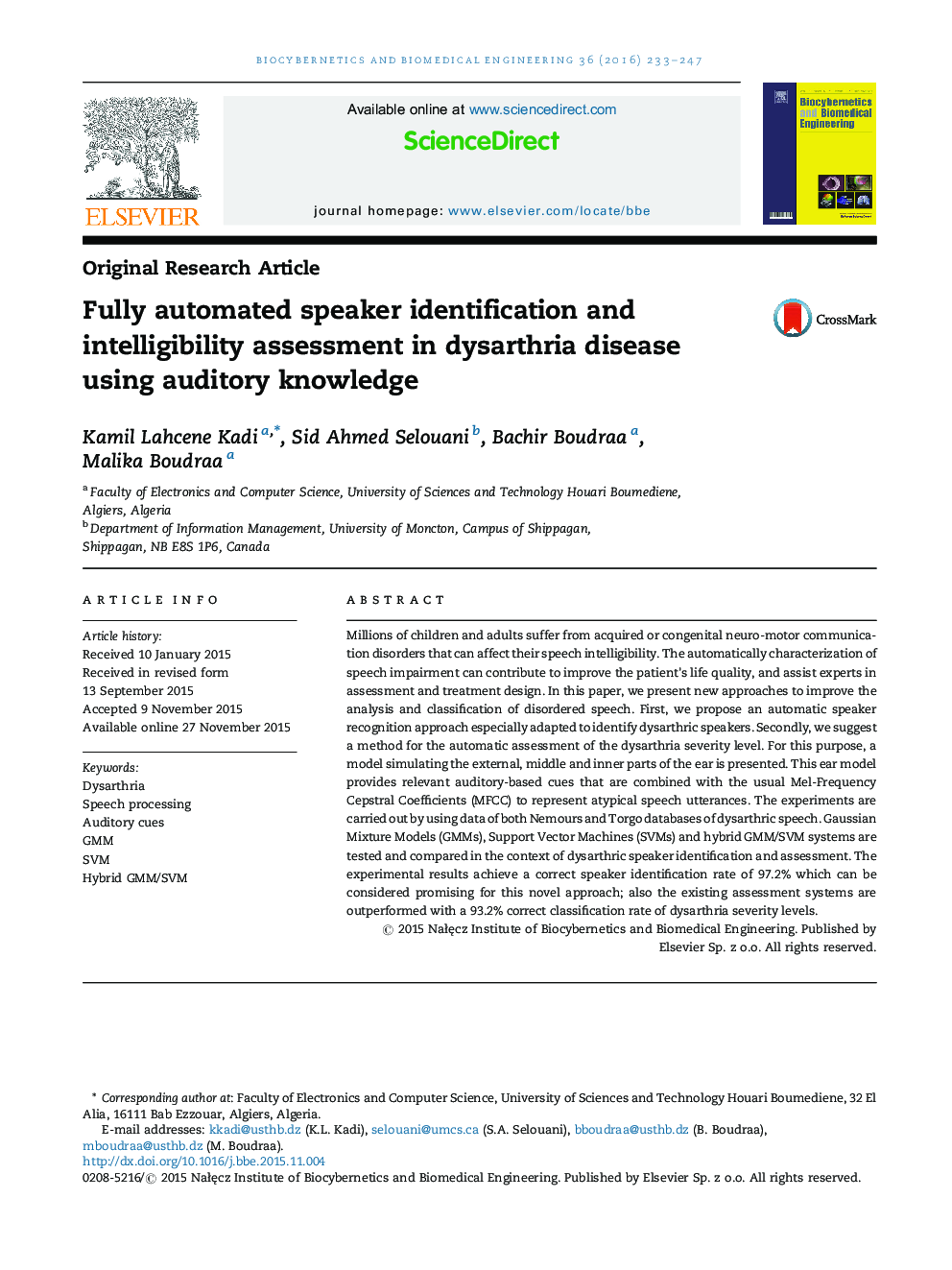 Fully automated speaker identification and intelligibility assessment in dysarthria disease using auditory knowledge