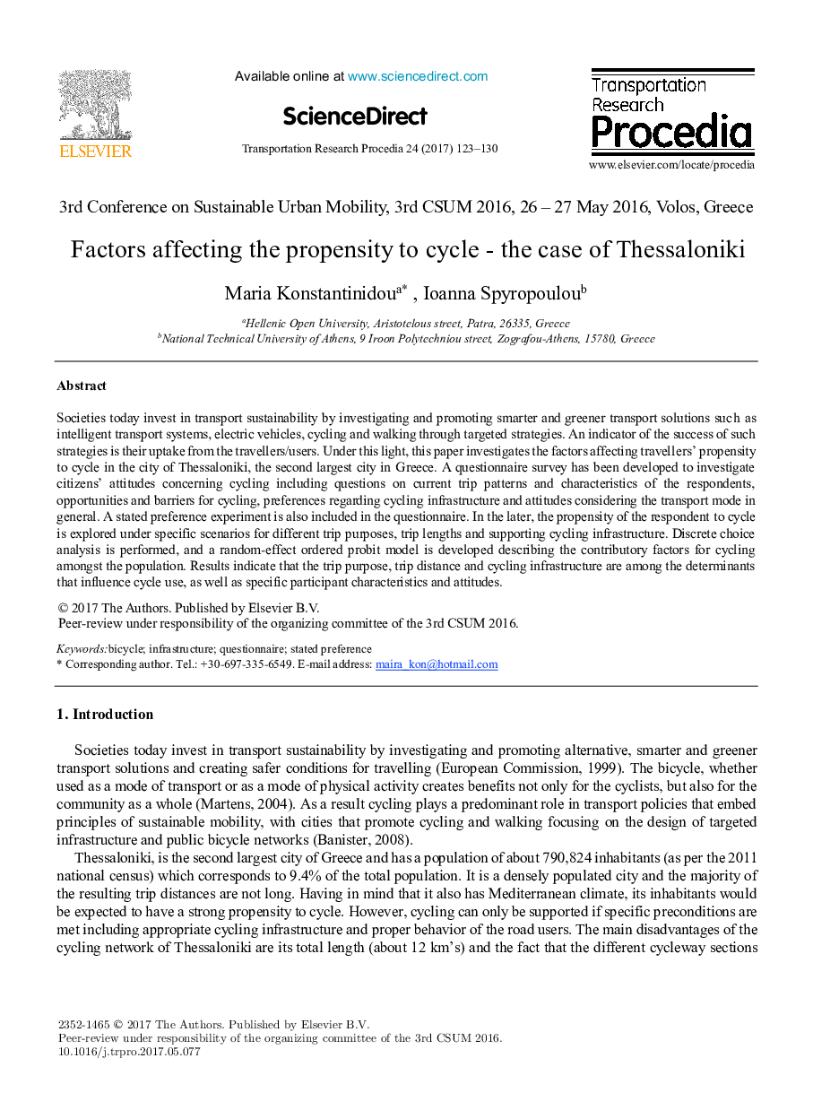 Factors affecting the propensity to cycle - the case of Thessaloniki