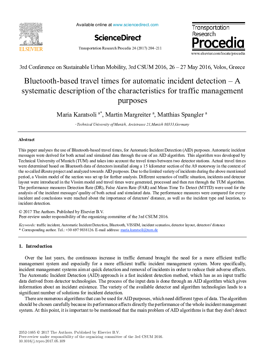 Bluetooth-based travel times for automatic incident detection - A systematic description of the characteristics for traffic management purposes