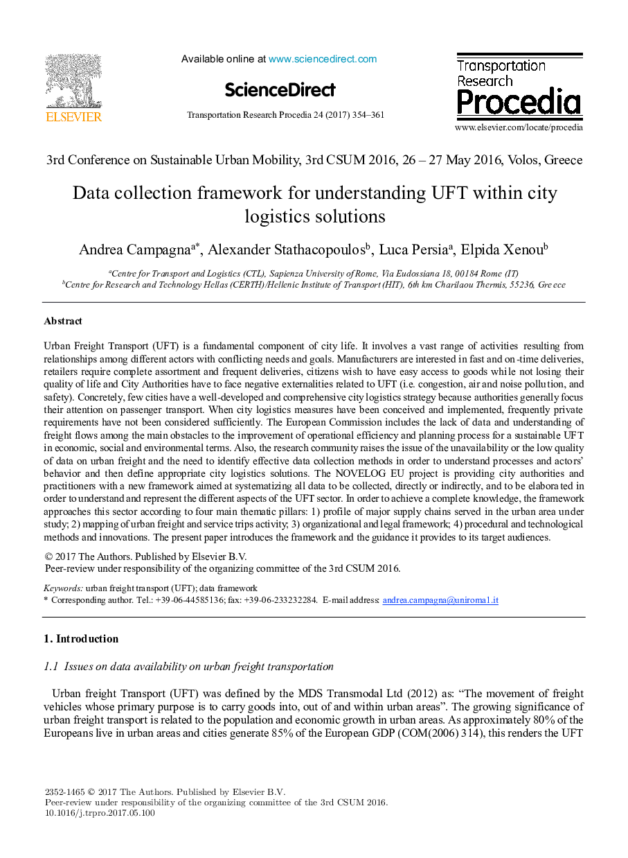 Data collection framework for understanding UFT within city logistics solutions