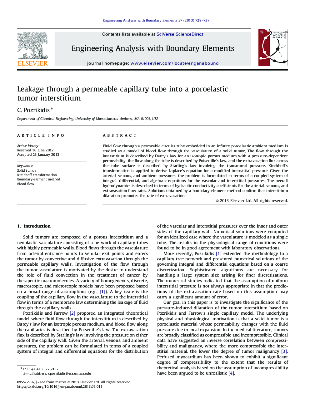 Leakage through a permeable capillary tube into a poroelastic tumor interstitium