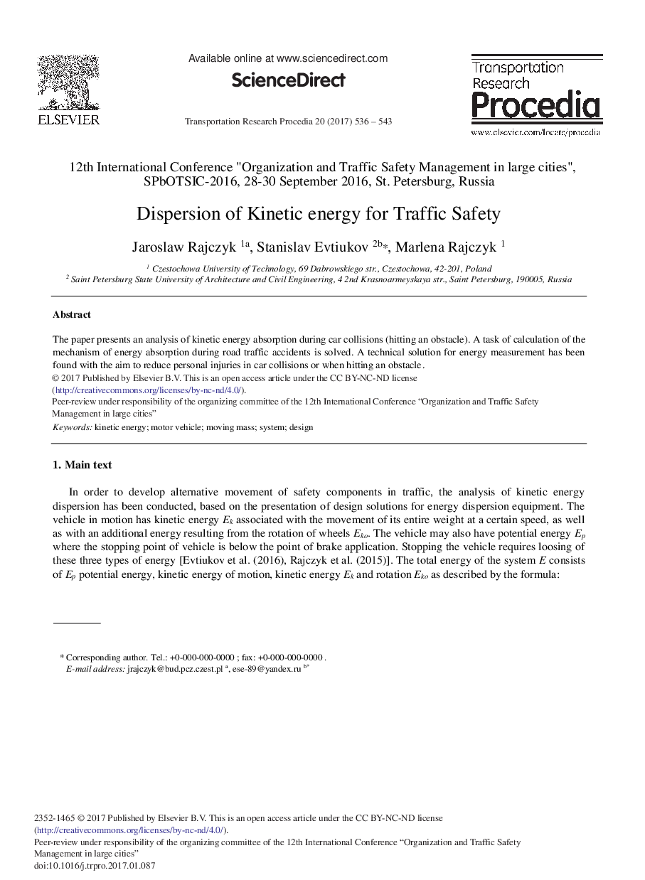 Dispersion of Kinetic Energy for Traffic Safety