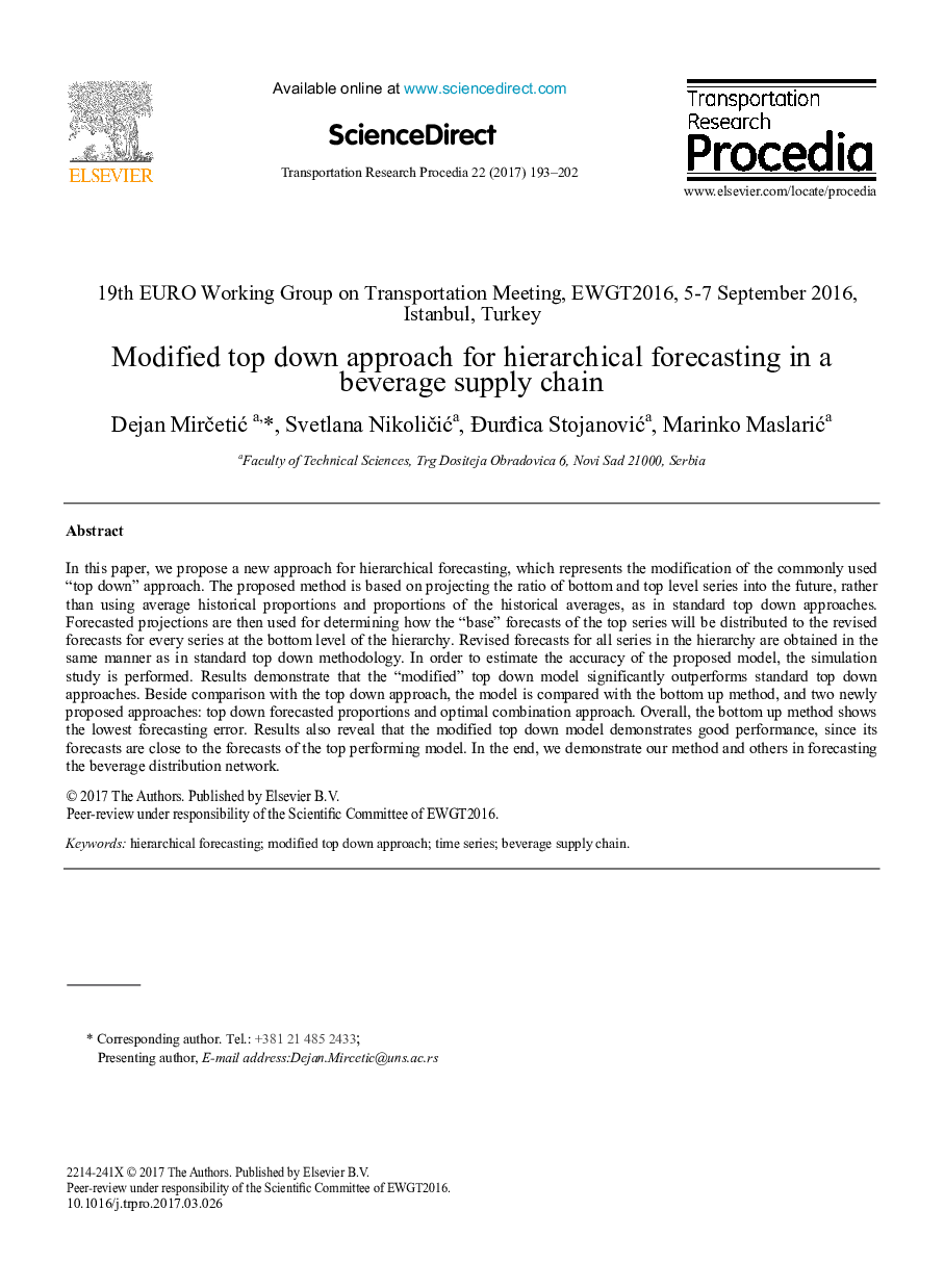 Modified top down approach for hierarchical forecasting in a beverage supply chain