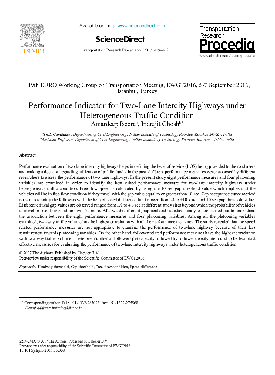 Performance Indicator for Two-Lane Intercity Highways under Heterogeneous Traffic Condition