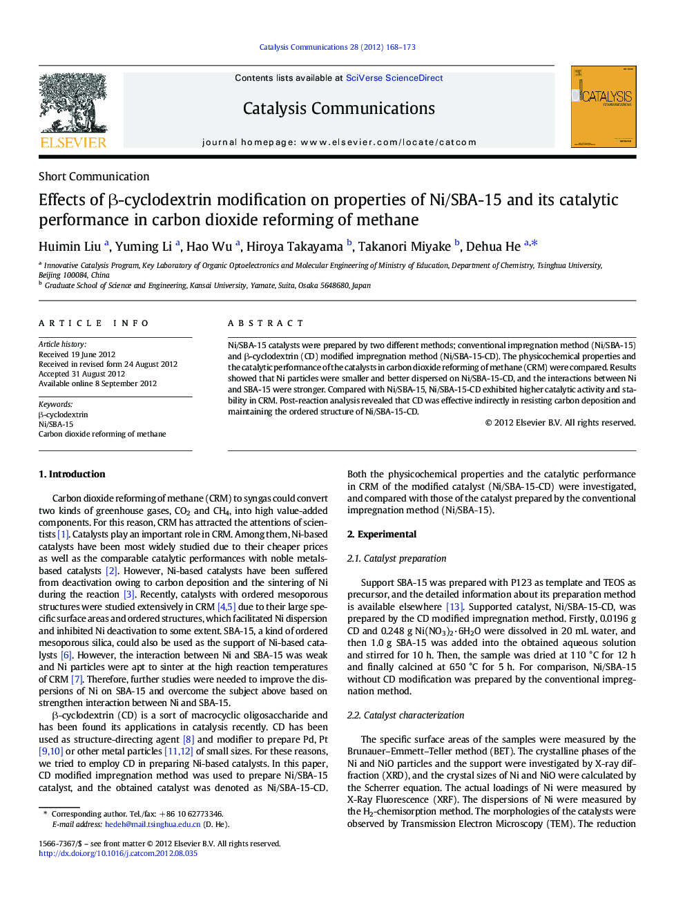 Effects of β-cyclodextrin modification on properties of Ni/SBA-15 and its catalytic performance in carbon dioxide reforming of methane