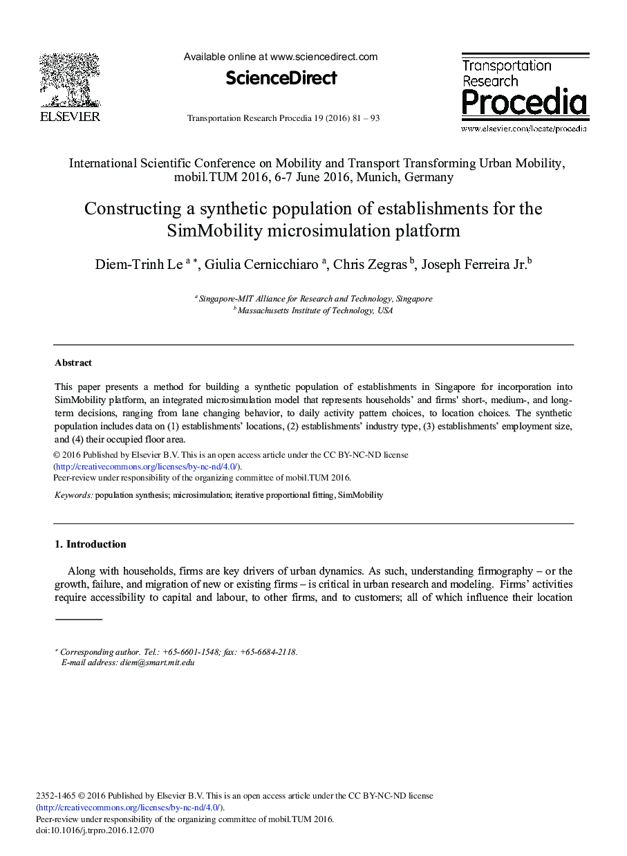 Constructing a Synthetic Population of Establishments for the Simmobility Microsimulation Platform