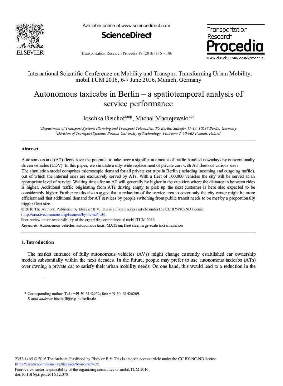 Autonomous Taxicabs in Berlin - A Spatiotemporal Analysis of Service Performance