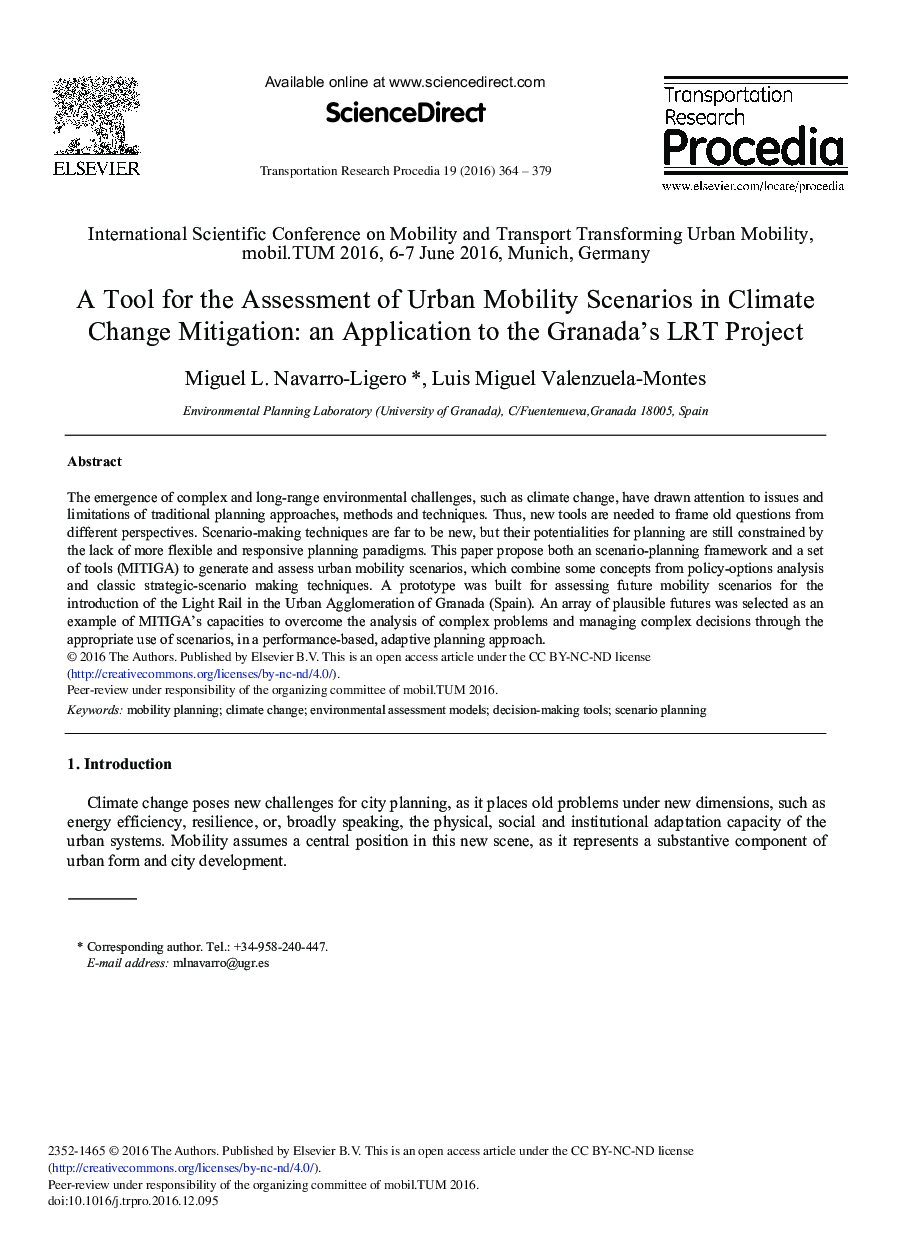 A Tool for the Assessment of Urban Mobility Scenarios in Climate Change Mitigation: An Application to the Granada's LRT Project