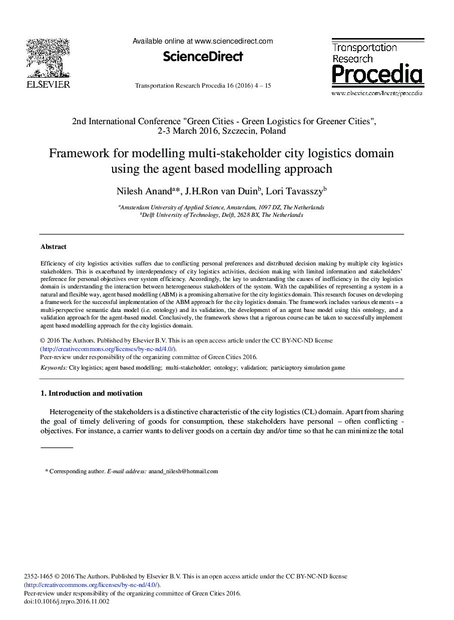 Framework for Modelling Multi-stakeholder City Logistics Domain Using the Agent based Modelling Approach