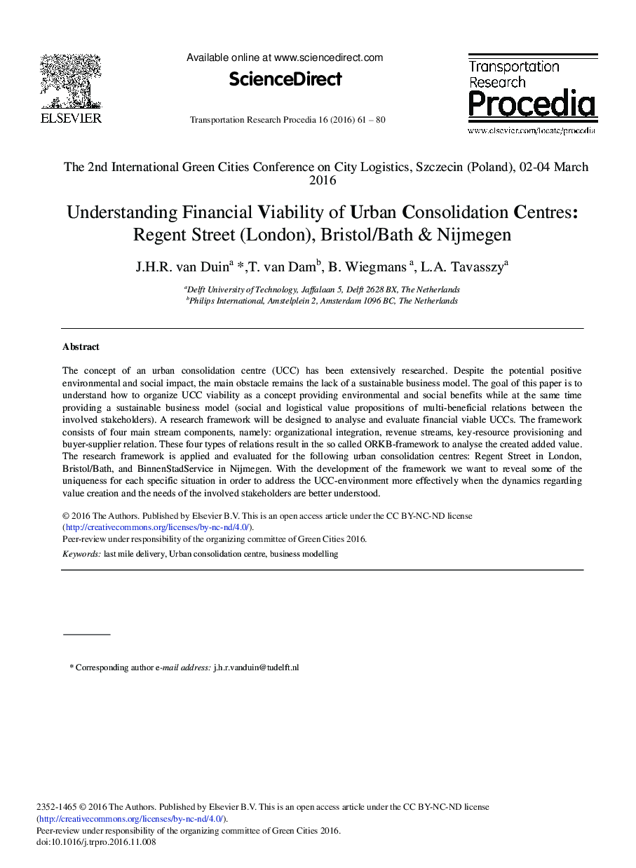 Understanding Financial Viability of Urban Consolidation Centres: Regent Street (London), Bristol/Bath & Nijmegen