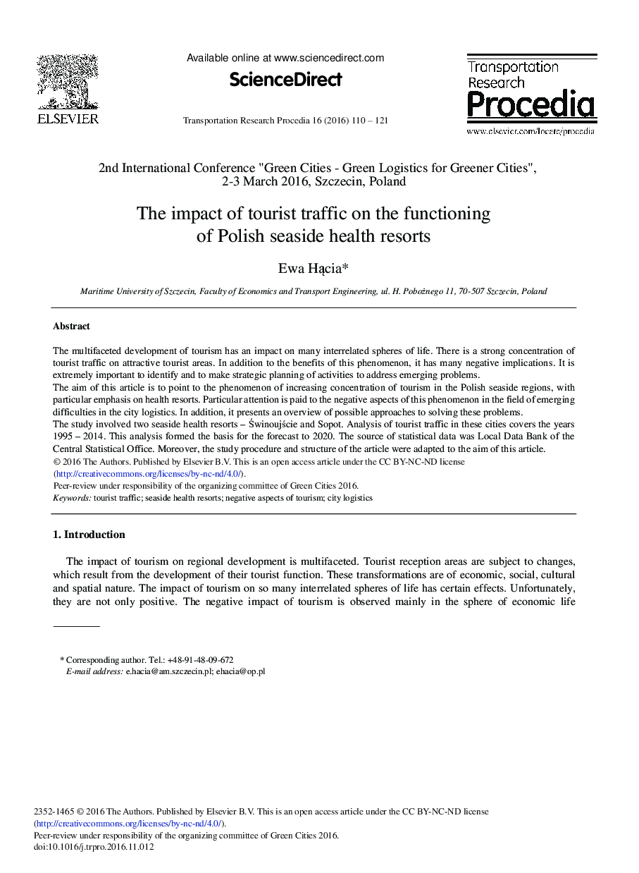 The Impact of Tourist Traffic on the Functioning of Polish Seaside Health Resorts