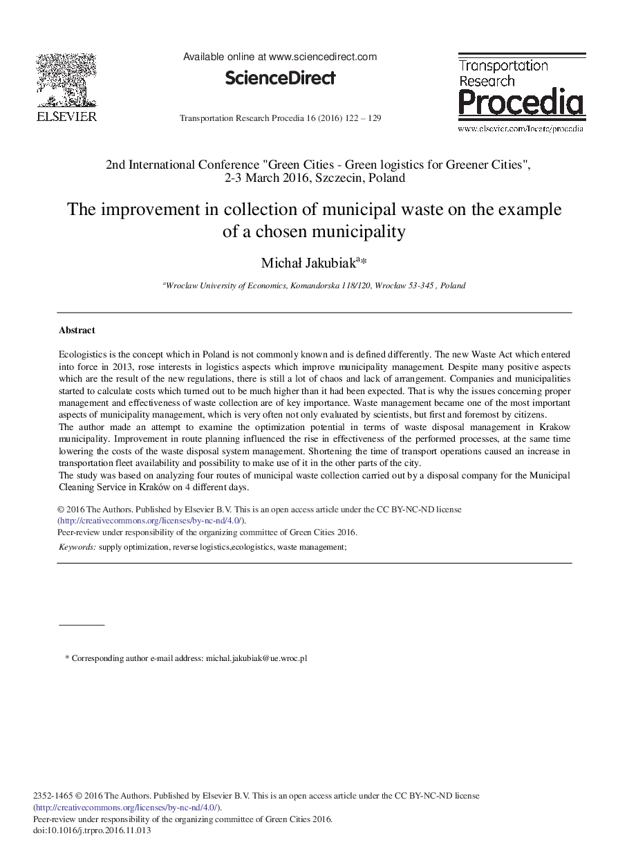 The Improvement in Collection of Municipal Waste on the Example of a Chosen Municipality