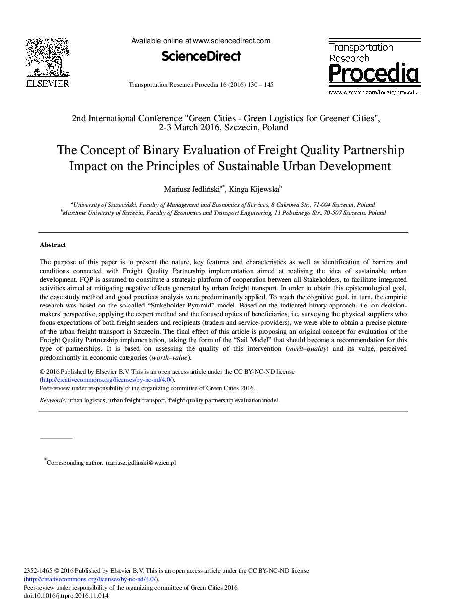 The Concept of Binary Evaluation of Freight Quality Partnership Impact on the Principles of Sustainable Urban Development