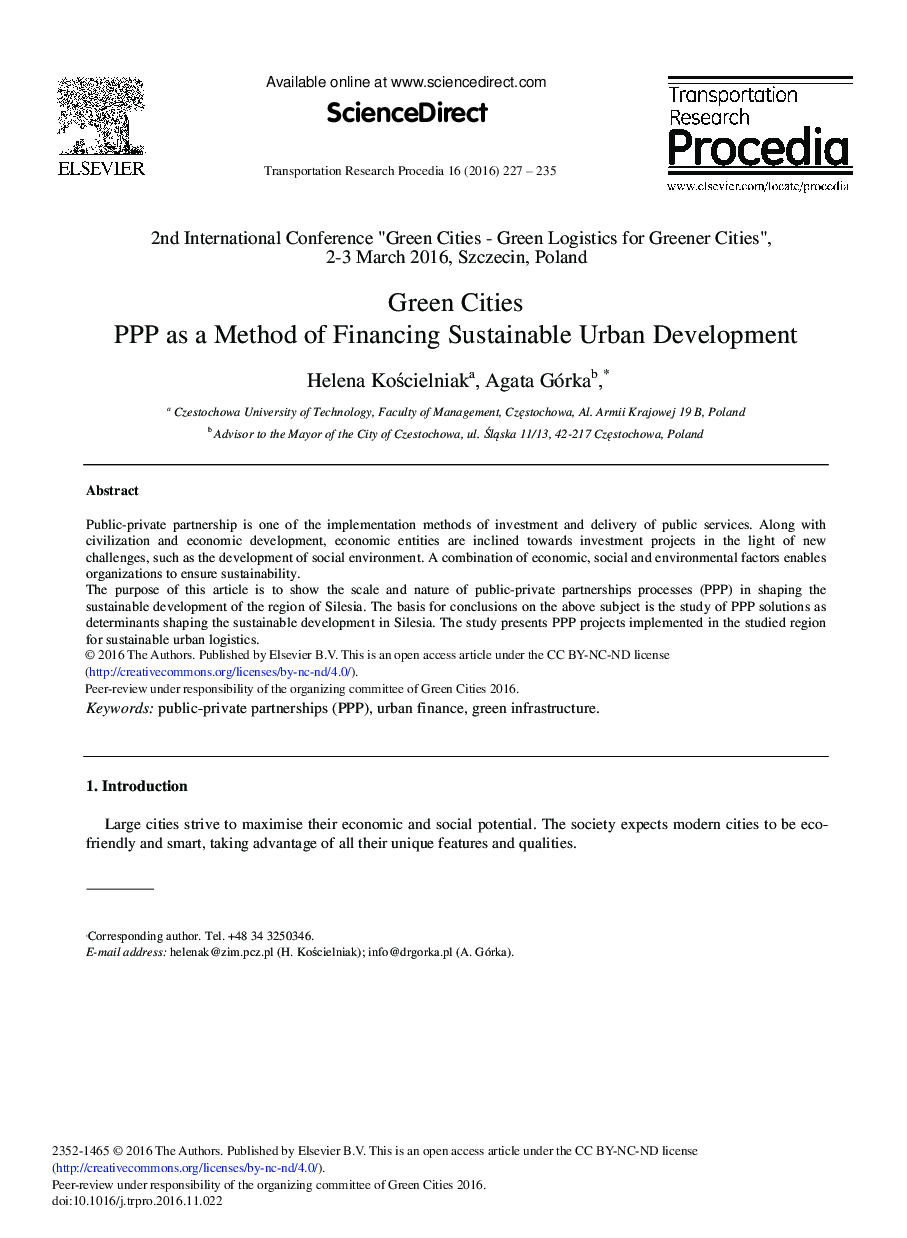 Green Cities PPP as a Method of Financing Sustainable Urban Development