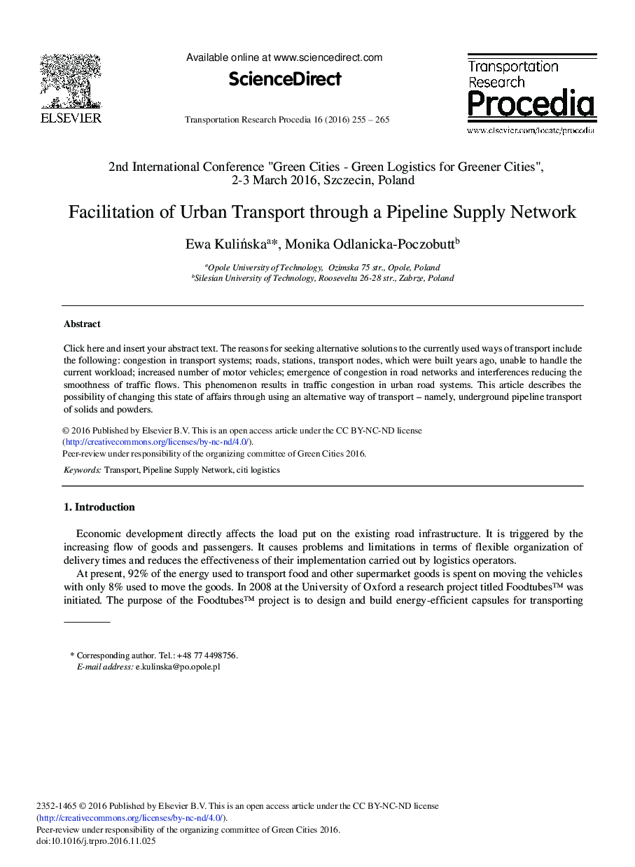 Facilitation of Urban Transport through a Pipeline Supply Network