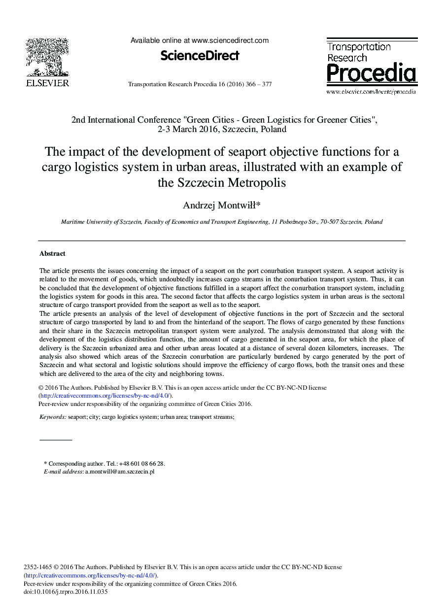 The Impact of the Development of Seaport Objective Functions for a Cargo Logistics System in Urban Areas, Illustrated with an Example of the Szczecin Metropolis