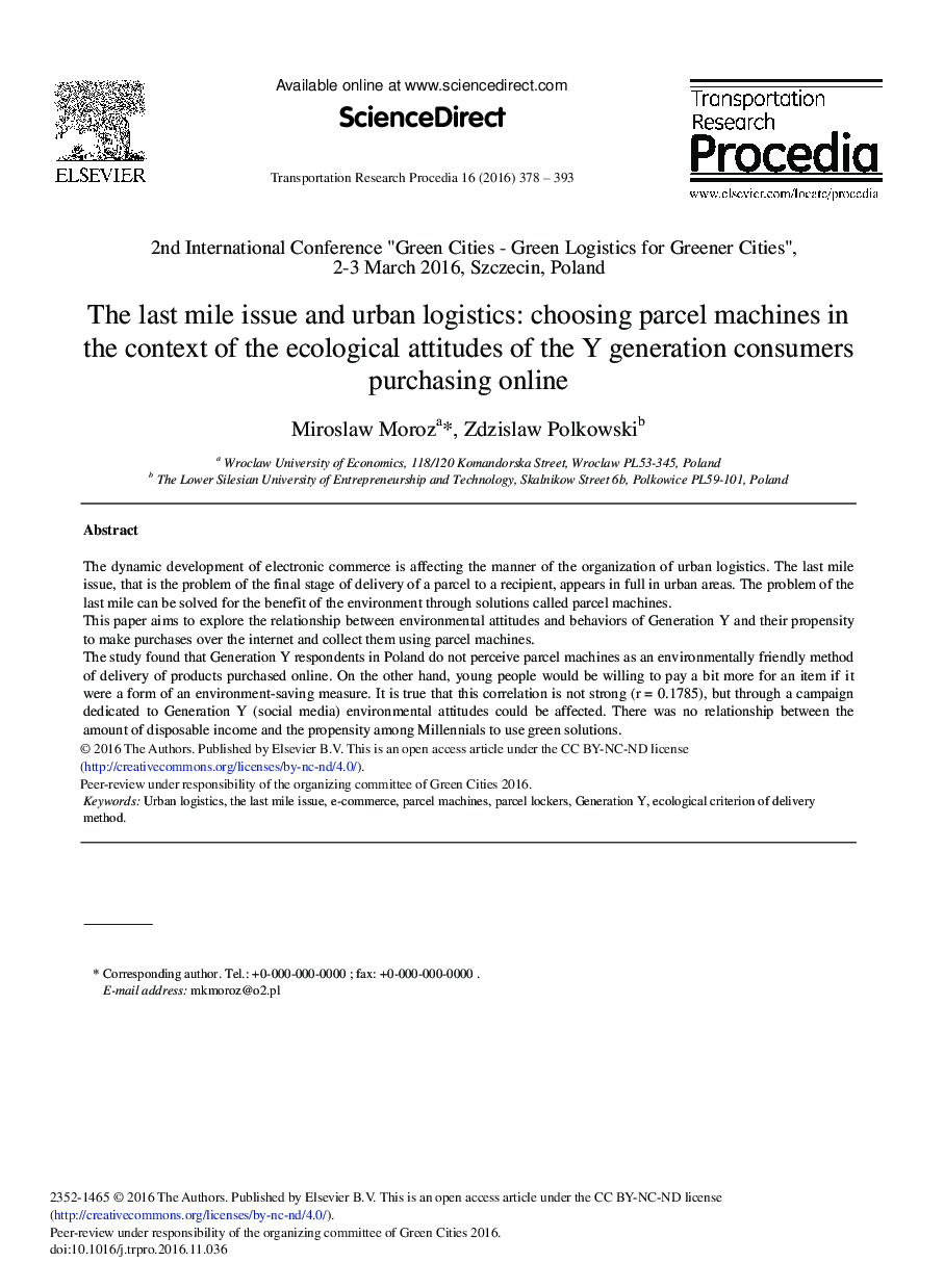 The Last Mile Issue and Urban Logistics: Choosing Parcel Machines in the Context of the Ecological Attitudes of the Y Generation Consumers Purchasing Online