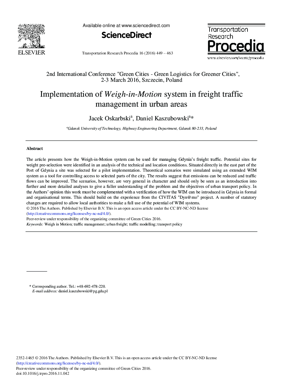 Implementation of Weigh-in-Motion System in Freight Traffic Management in Urban Areas