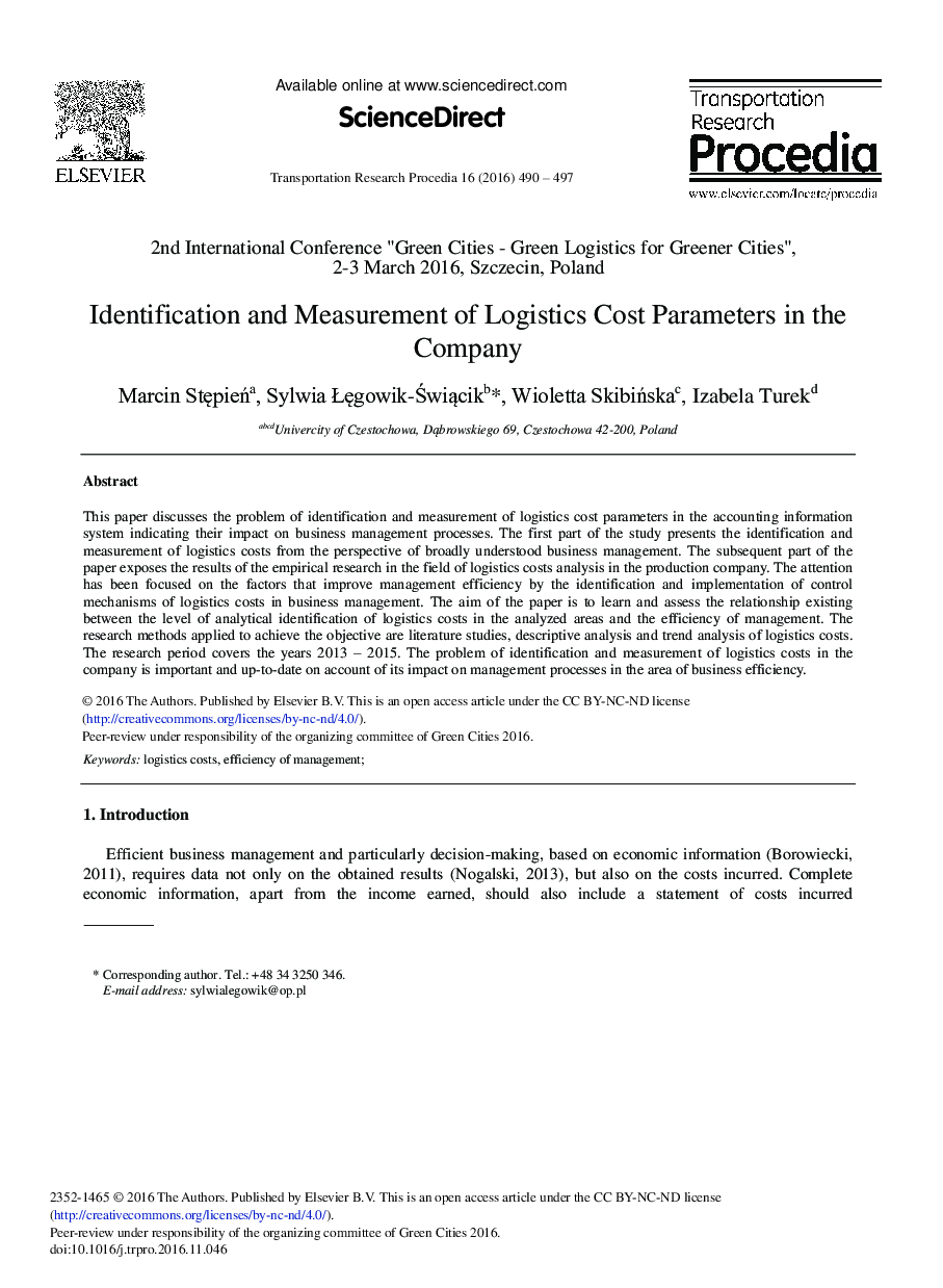 Identification and Measurement of Logistics Cost Parameters in the Company