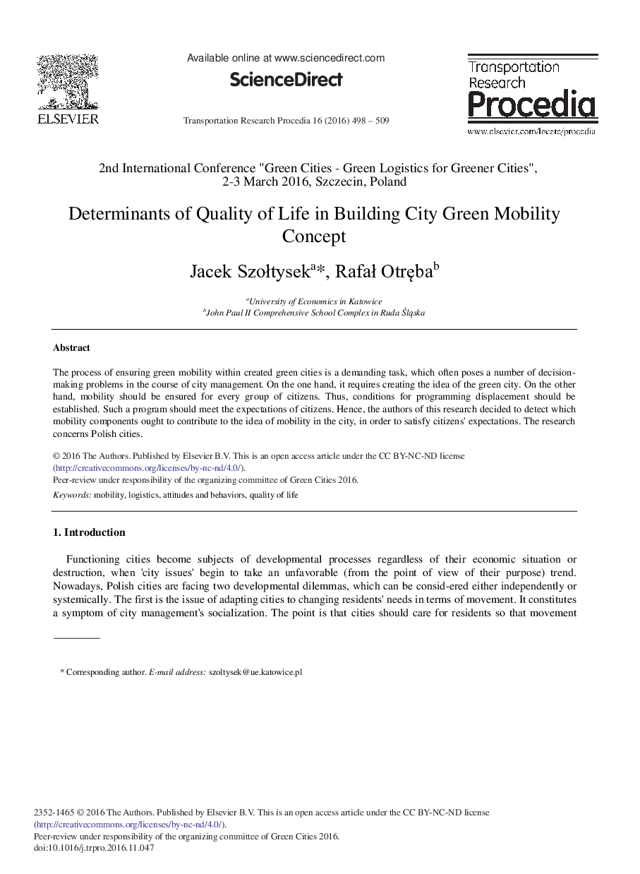 Determinants of Quality of Life in Building City Green Mobility Concept