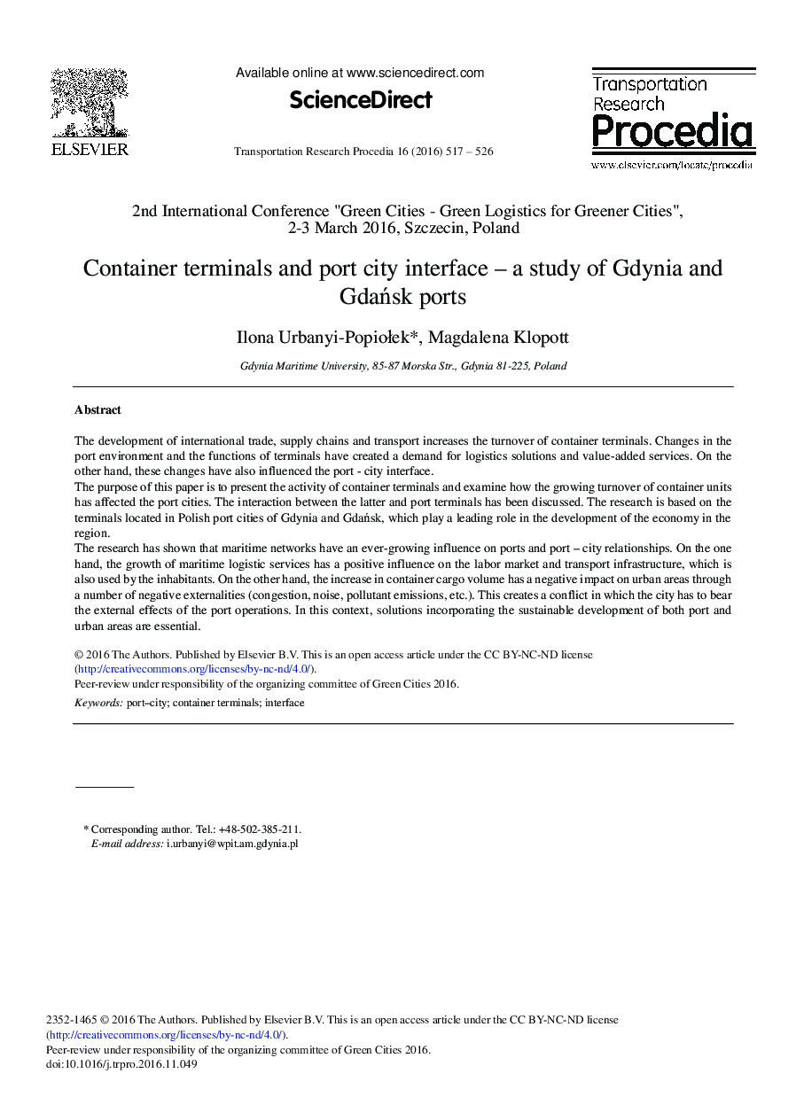 Container Terminals and Port City Interface - A Study of Gdynia and GdaÅsk Ports