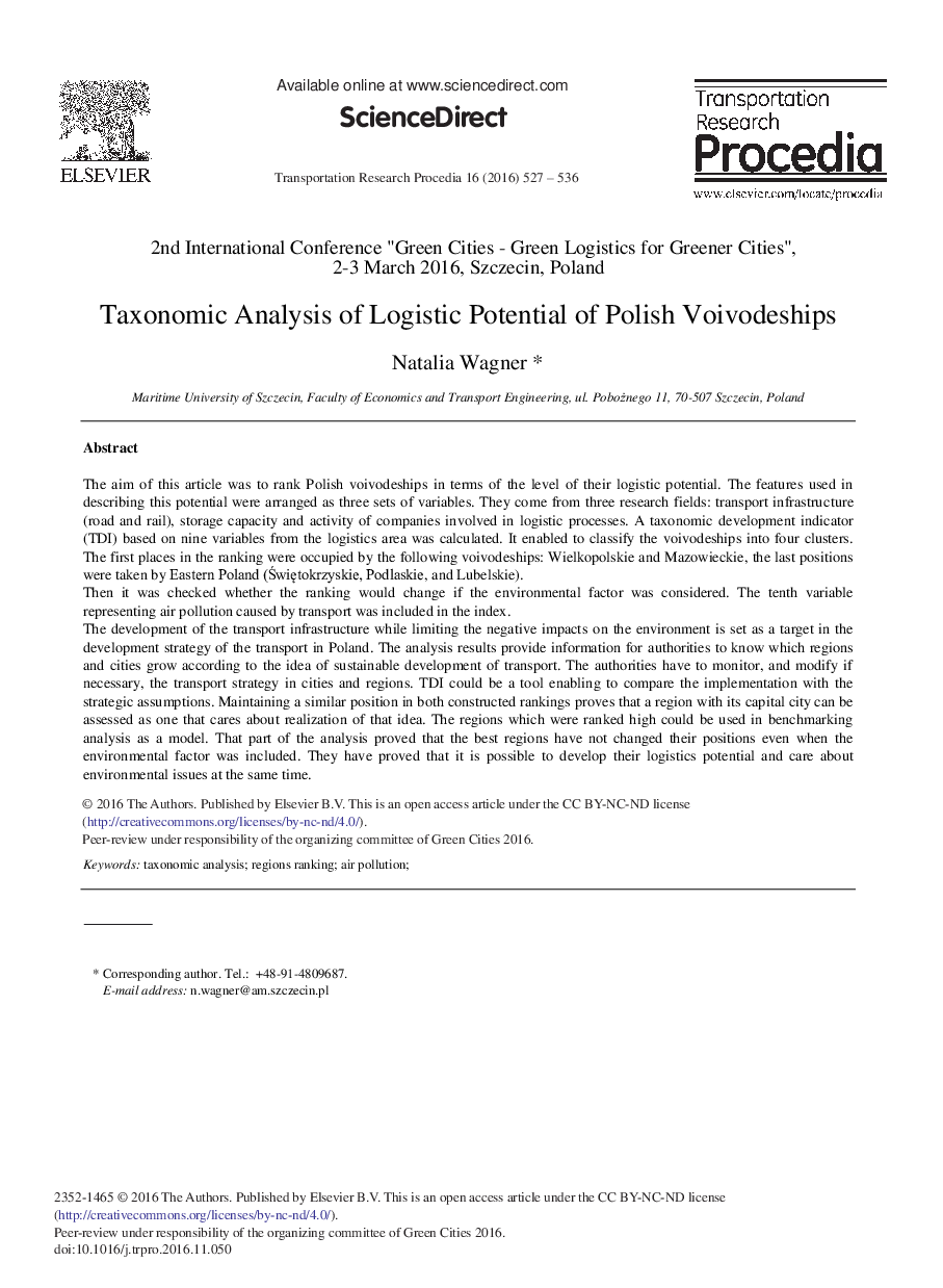 Taxonomic Analysis of Logistic Potential of Polish Voivodeships