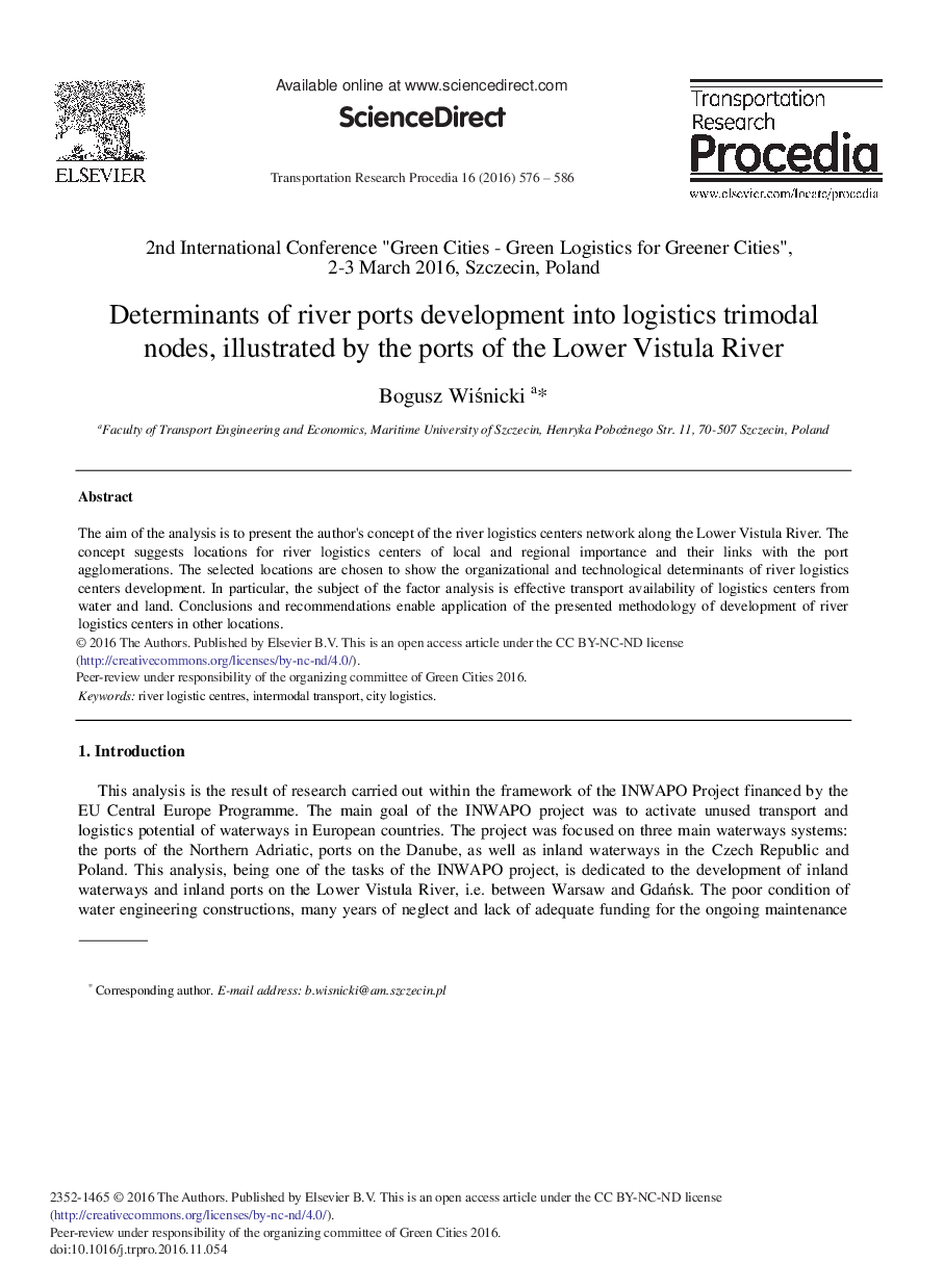 Determinants of River Ports Development Into Logistics Trimodal Nodes, Illustrated by the Ports of the Lower Vistula River