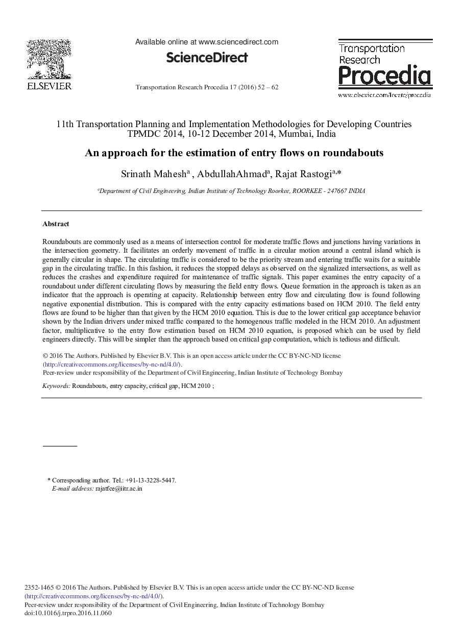 An Approach for the Estimation of Entry Flows on Roundabouts