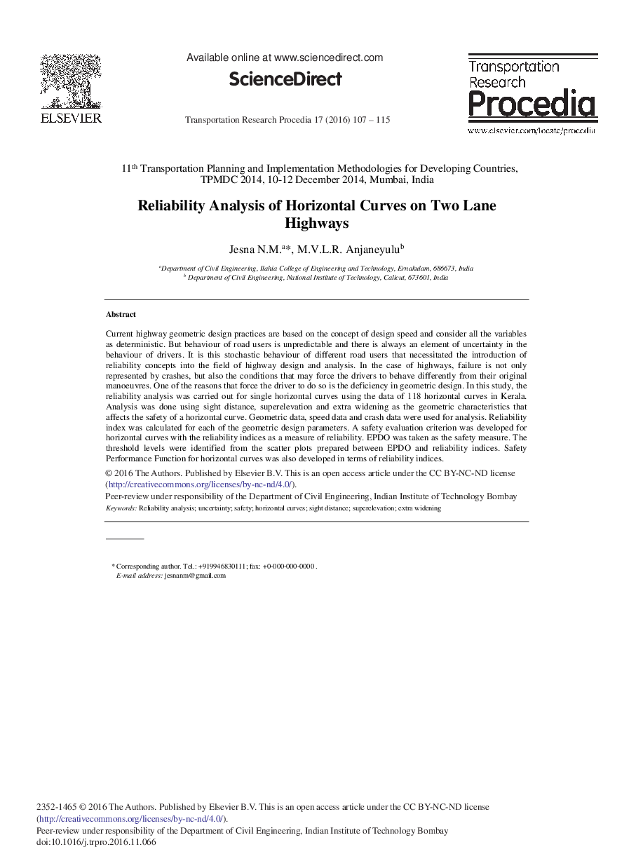 Reliability Analysis of Horizontal Curves on Two Lane Highways