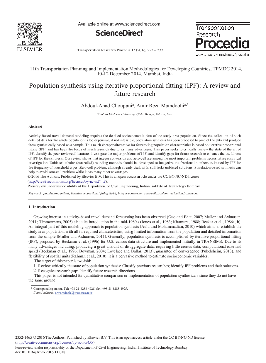 Population Synthesis Using Iterative Proportional Fitting (IPF): A Review and Future Research