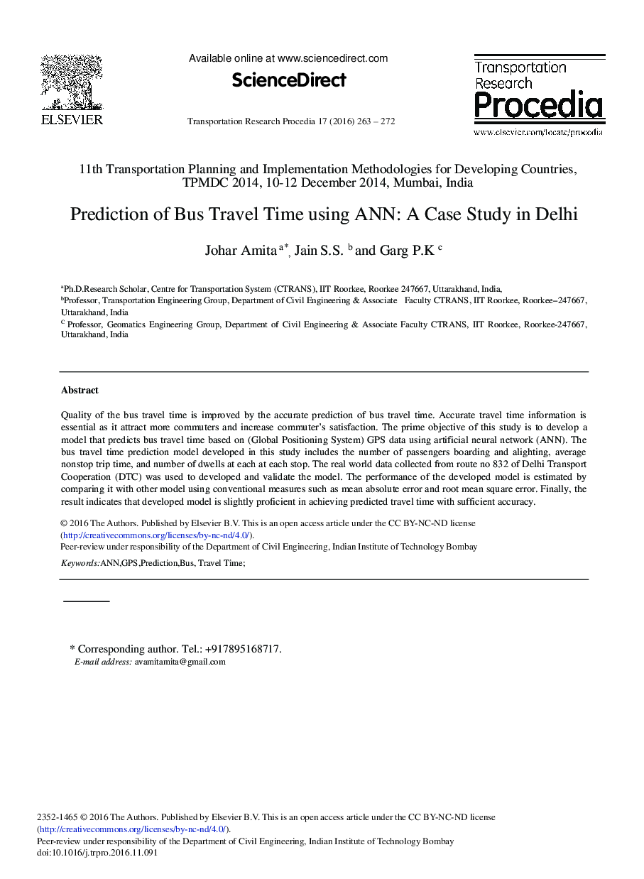 Prediction of Bus Travel Time Using ANN: A Case Study in Delhi