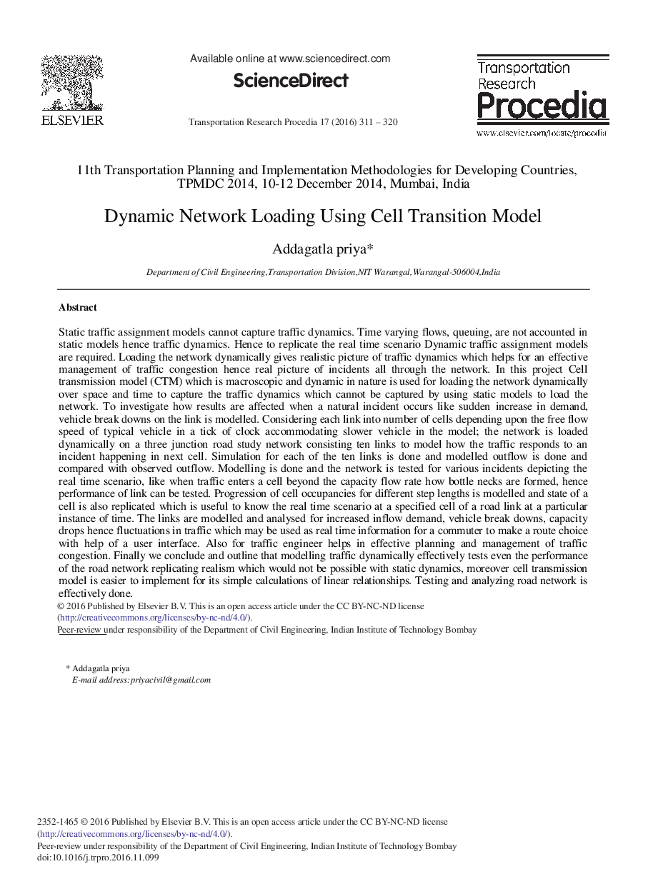 Dynamic Network Loading Using Cell Transition Model