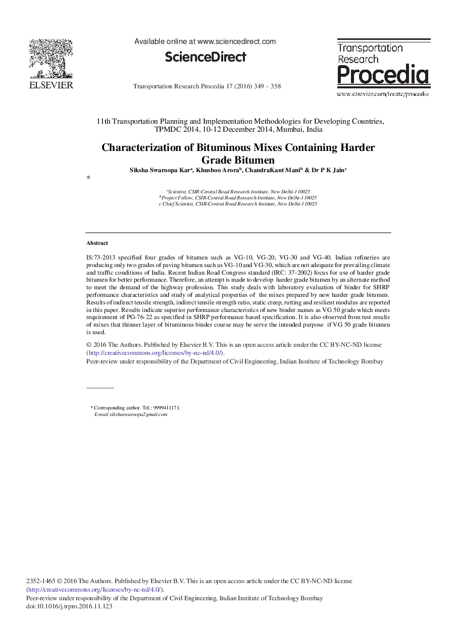 Characterization of Bituminous Mixes Containing Harder Grade Bitumen