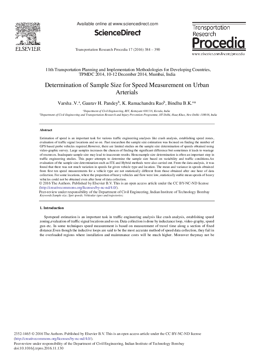 Determination of Sample Size for Speed Measurement on Urban Arterials