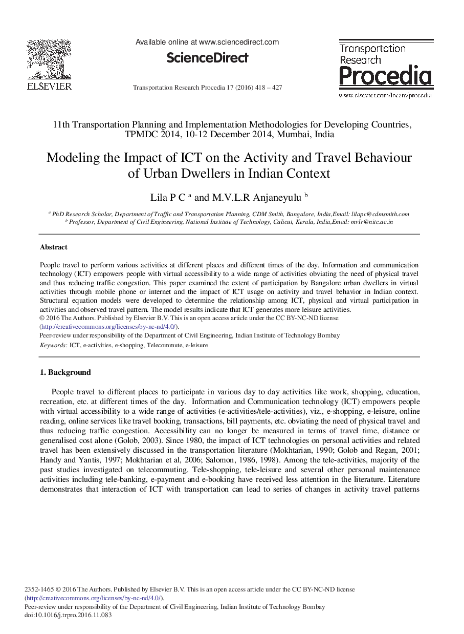 Modeling the Impact of ICT on the Activity and Travel Behaviour of Urban Dwellers in Indian Context