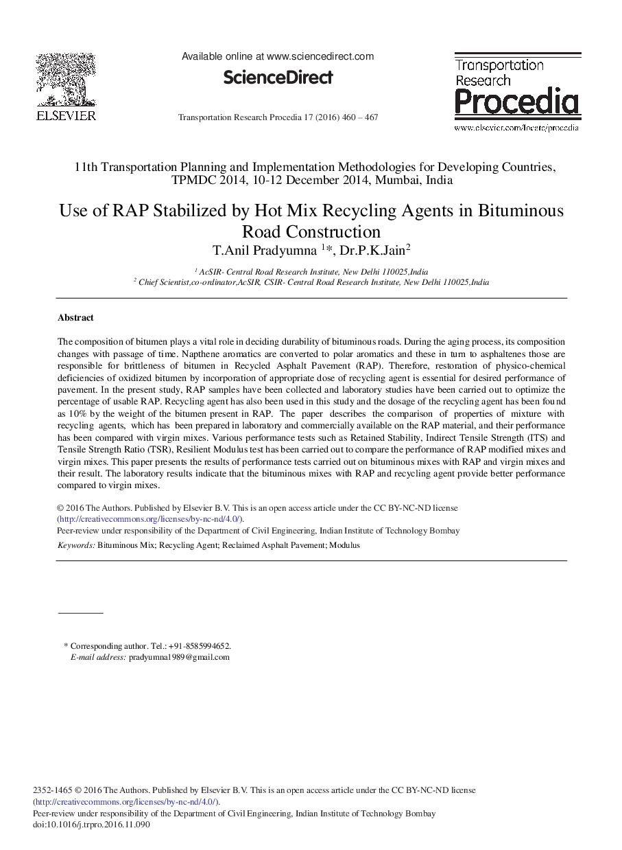 Use of RAP Stabilized by Hot Mix Recycling Agents in Bituminous Road Construction