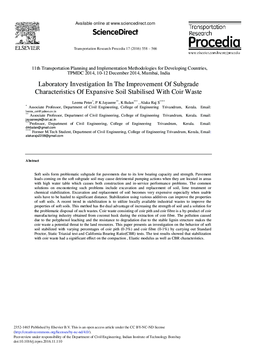 Laboratory Investigation in the Improvement of Subgrade Characteristics of Expansive Soil Stabilised with Coir Waste